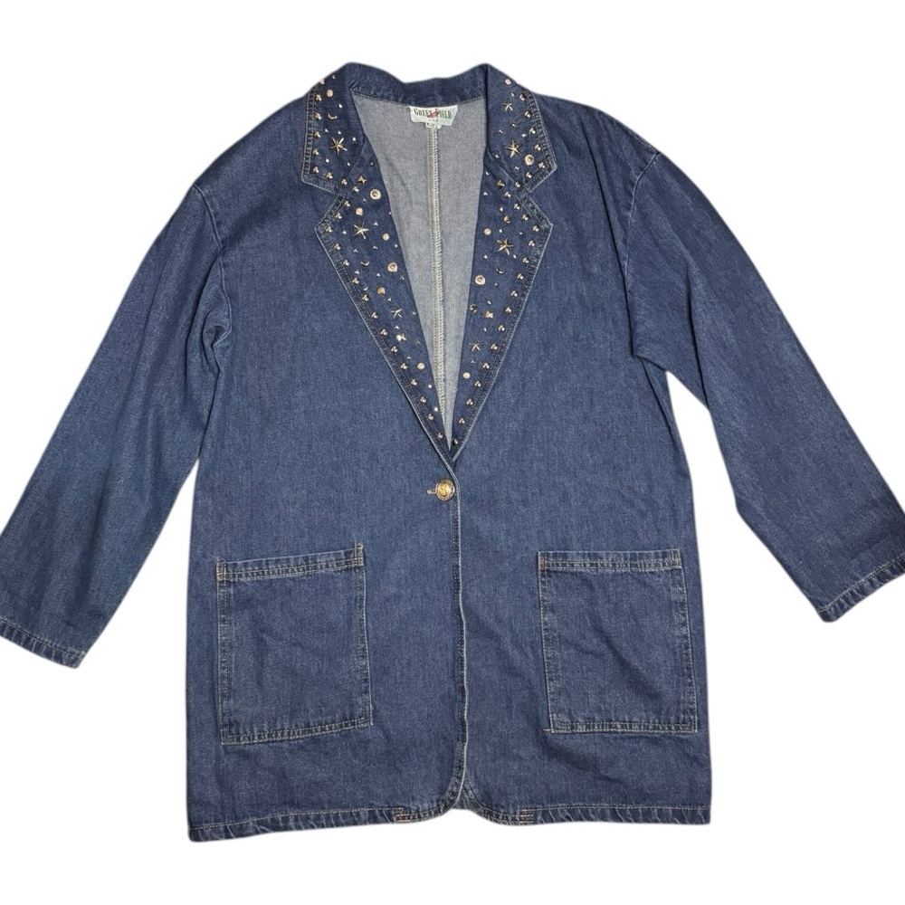 Green Field Studded Denim 90s Vintage Celestial Jacket - Picture 10 of 14